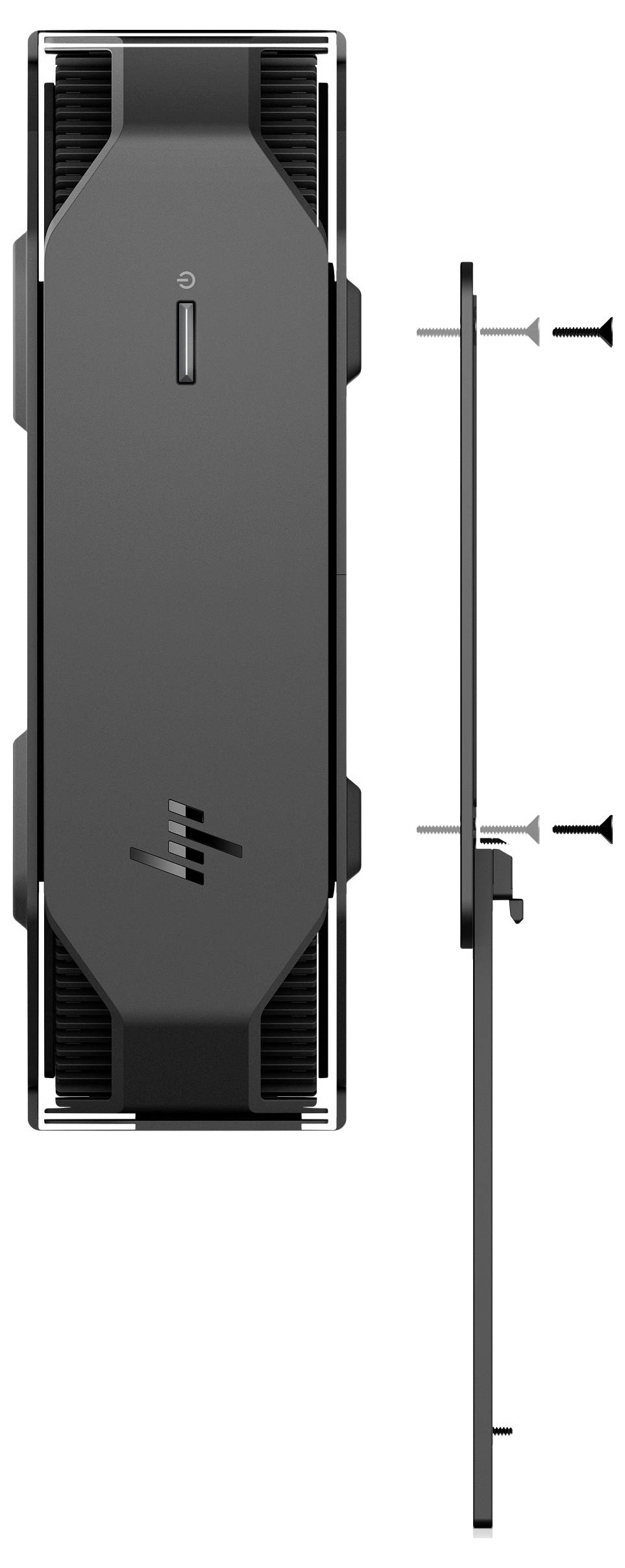 'Smukła, czarna obudowa komputera z przyciskiem zasilania na górze, otworami wentylacyjnymi po bokach i logo marki pośrodku z przodu.'