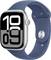 Srebrny smartwatch z niebieskim paskiem wyświetla godzinę 10:09 na czarnym ekranie z białą cyfrową prezentacją czasu.