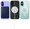 Trzy telefony iPhone sfotografowane od tyłu: po lewej niebieski z portfelem, w środku czarny z ładowarką, po prawej zielony z przezroczystym etui.