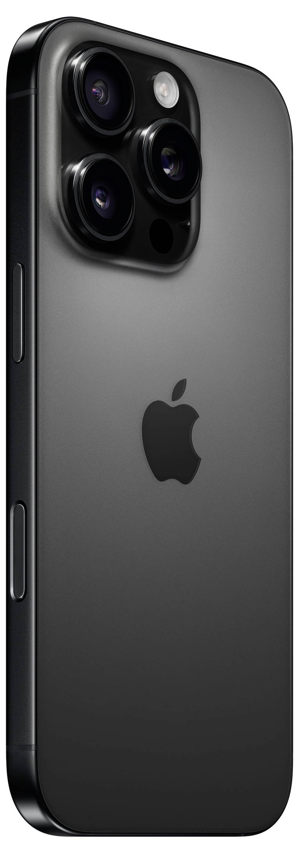 Zdjęcie przedstawia tylną część czarnego smartfona z rozpoznawalnym logo Apple, trzema obiektywami aparatu oraz smukłą sylwetką.