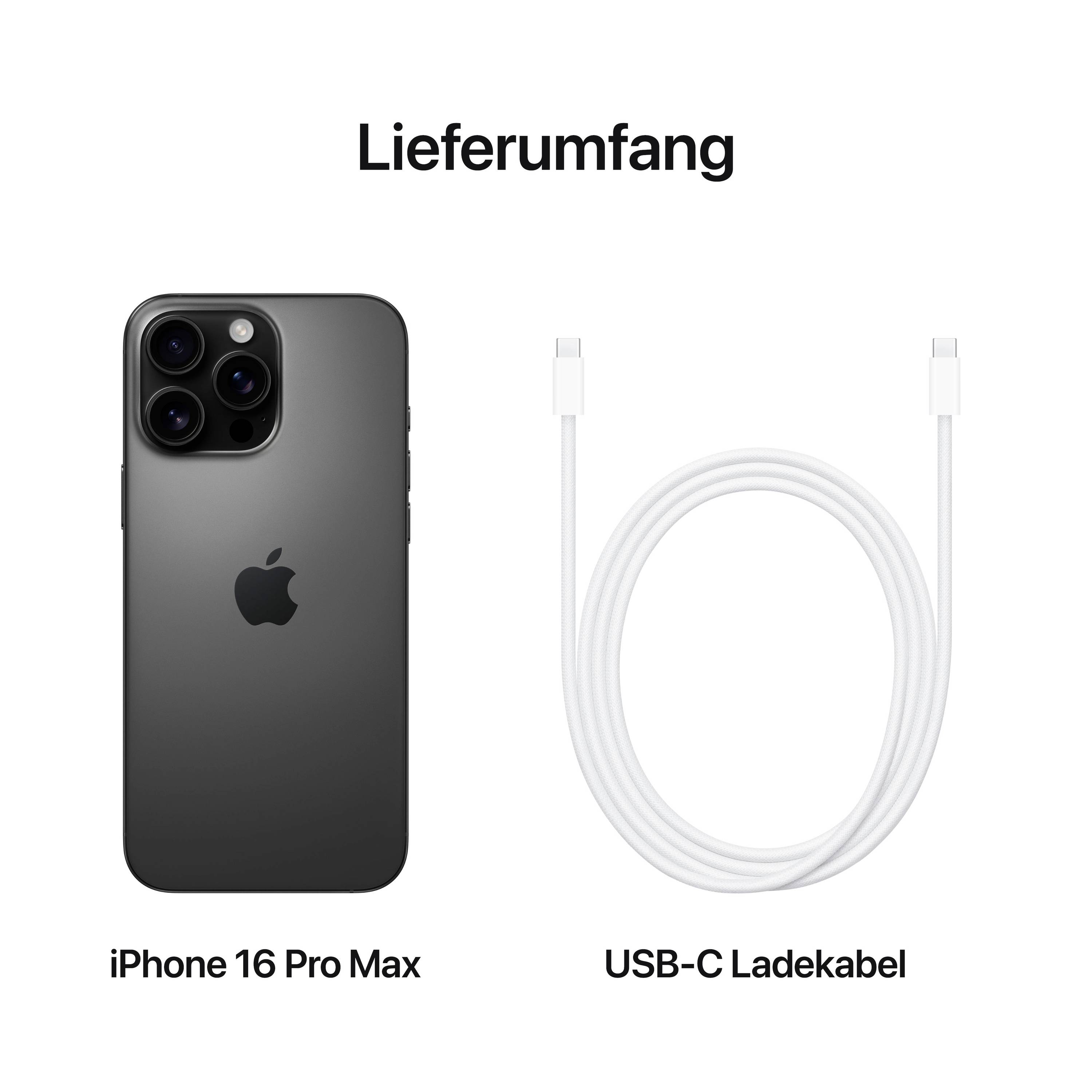 Zakres dostawy iPhone 16 Pro Max: Ilustracja przedstawia czarny smartfon oraz kabel ładujący USB-C.