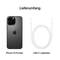 Zakres dostawy iPhone 16 Pro Max: Ilustracja przedstawia czarny smartfon oraz kabel ładujący USB-C.