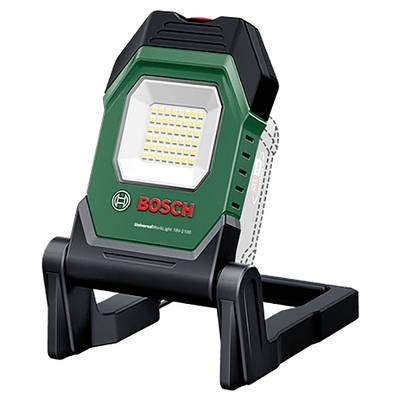 Obraz przedstawia zieloną lampę Bosch UniversalLampe ze czarną podstawą, oświetleniem LED i czerwonym przyciskiem włączania.