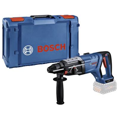 Niebieski młot udarowy Bosch z czerwonym logo stoi obok pasującego walizki na narzędzia, idealny do ciężkich prac budowlanych.