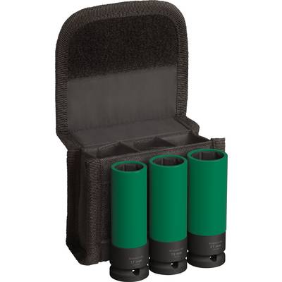 Trzy orzechy w stojącej czarnej torbie z zapięciem na rzep. Orzechy są oznaczone rozmiarami 17 mm, 19 mm i 21 mm.