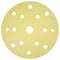 Okrągły, żółty papier ścierny z wieloma otworami, odpowiedni do użycia w szlifierce do ścierania materiału z powierzchni.
