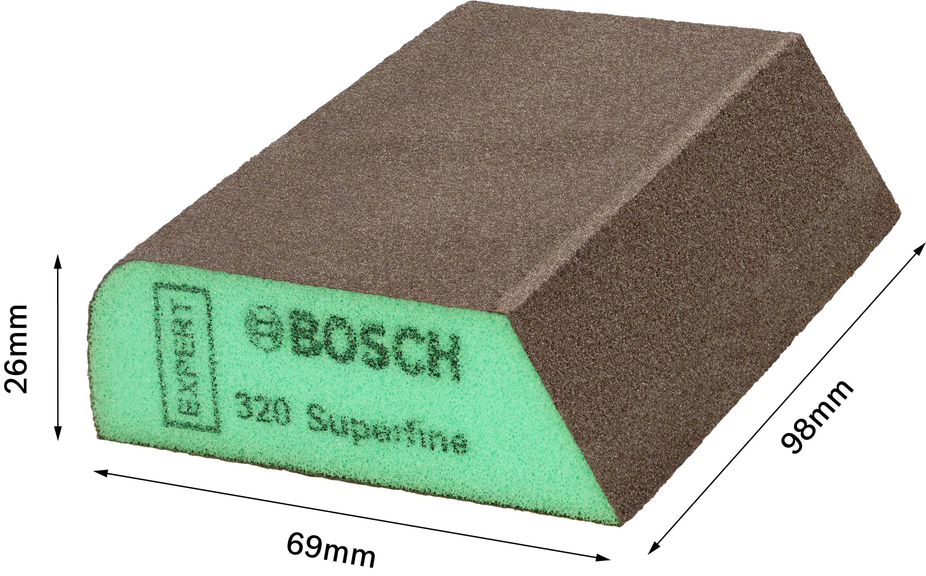 Gąbka szlifierska Bosch o wymiarach 98mm × 69mm × 26mm, zielony rdzeń, z napisem 'EXPERT 320 SuperFine', do obróbki powierzchni.