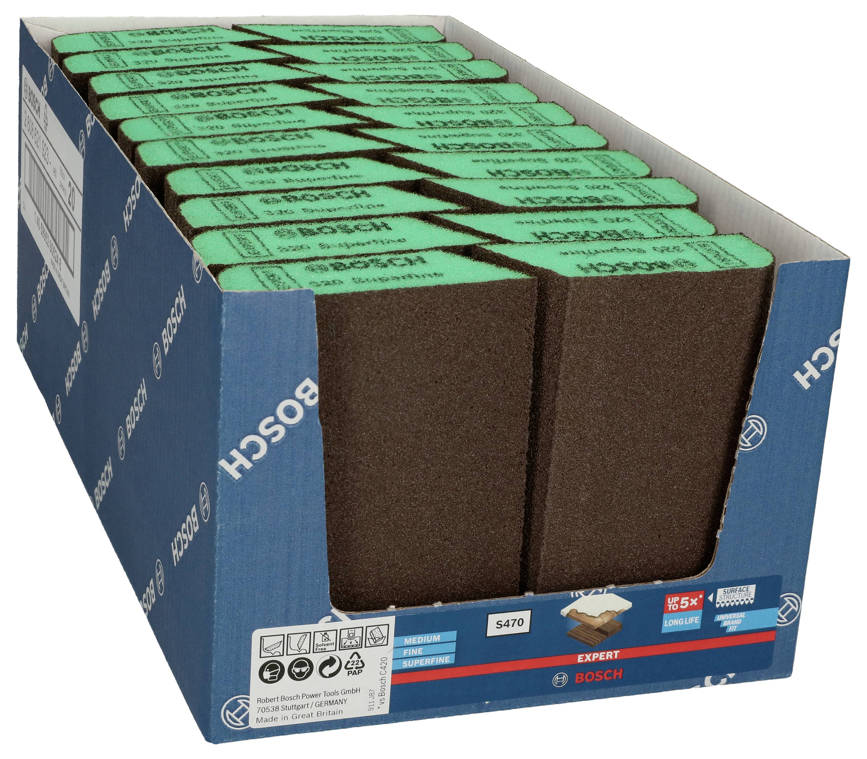 Pudełko z gąbkami ściernymi Bosch, gradacja 100 Medium, 36 sztuk, z zielonym obramowaniem, do zastosowania na powierzchniach drewnianych i metalowych.