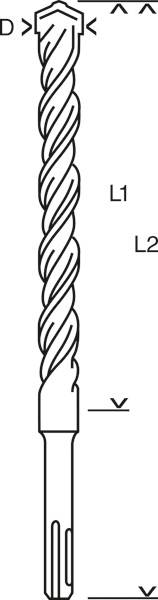 Diagram wiertła o kształcie spiralnym. Oznaczenia wskazują różne odcinki długości L1 i L2 oraz średnicę D.