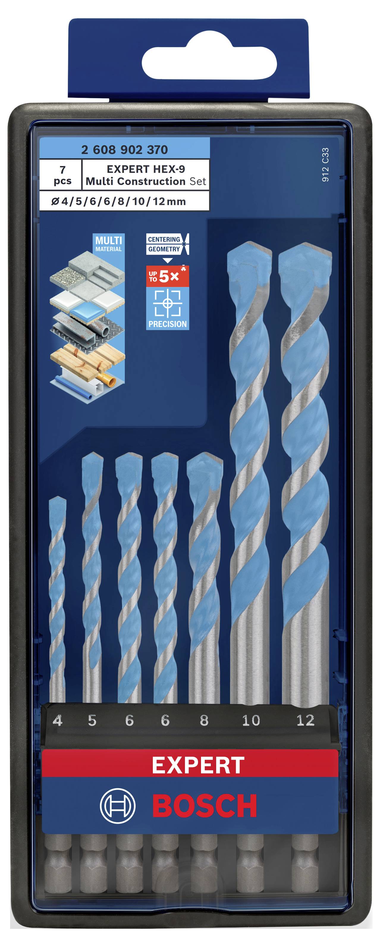 Zestaw 7 wierteł Bosch do materiałów wielowarstwowych, rozmiary 4-12 mm, w niebieskim opakowaniu. Logo marki i szczegóły produktu widoczne.