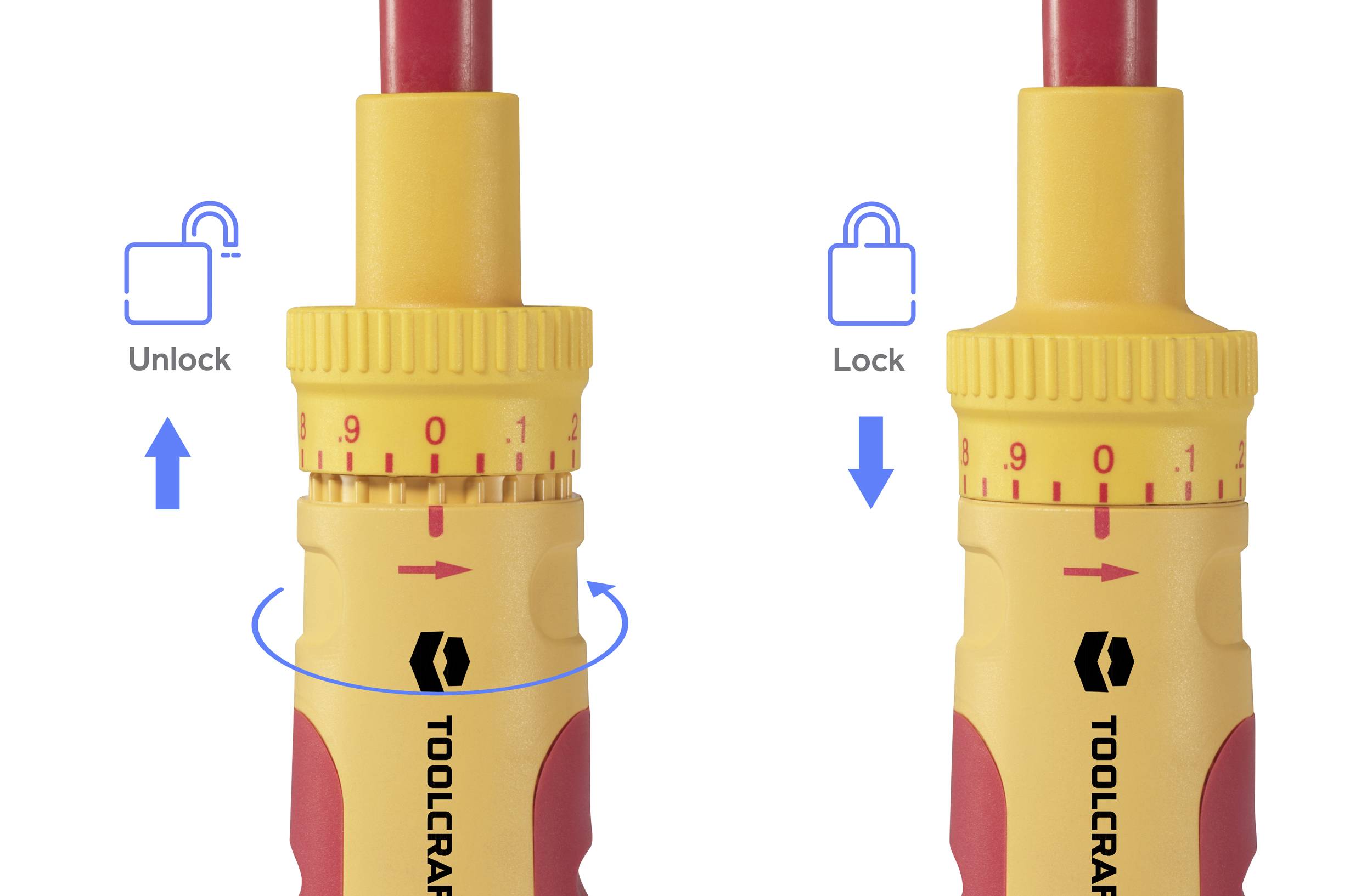 Dwie zbliżenia wkrętaka. Po lewej: 'Odblokuj' ze strzałką w górę. Po prawej: 'Zablokuj' ze strzałką w dół. Uchwyty oznaczone kolorami.