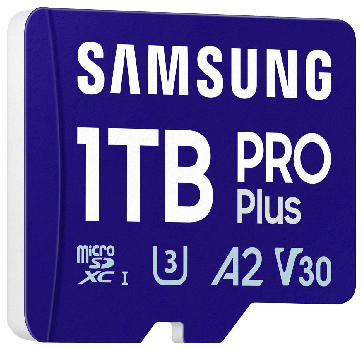 Niebieska karta mikroSD Samsung 1TB PRO Plus ze specyfikacjami U3, A2, V30.