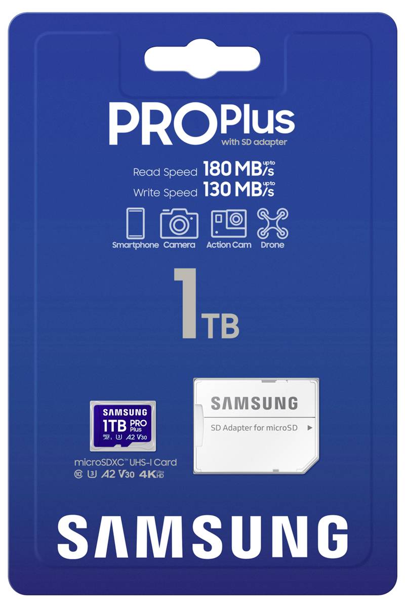 Karta Samsung PRO Plus 1TB microSDXC z adapterem SD, prędkość odczytu 180 MB/s, prędkość zapisu 130 MB/s, odpowiednia do smartfonów, aparatów, kamer sportowych i kamer do dronów.