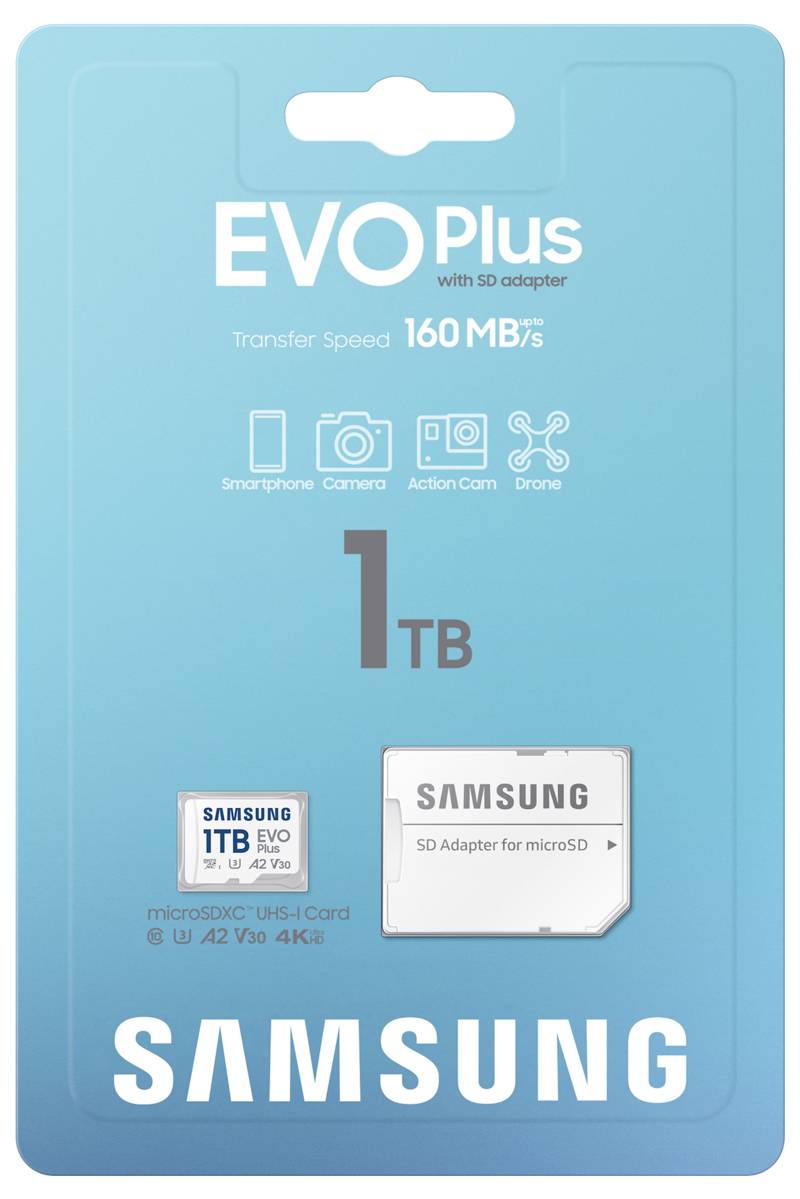 Karta mikroSD Samsung EVO Plus o pojemności 1 TB z adapterem SD. Prędkość transferu 160 MB/s. Odpowiednia do smartfonów, aparatów, kamer sportowych i dronów.