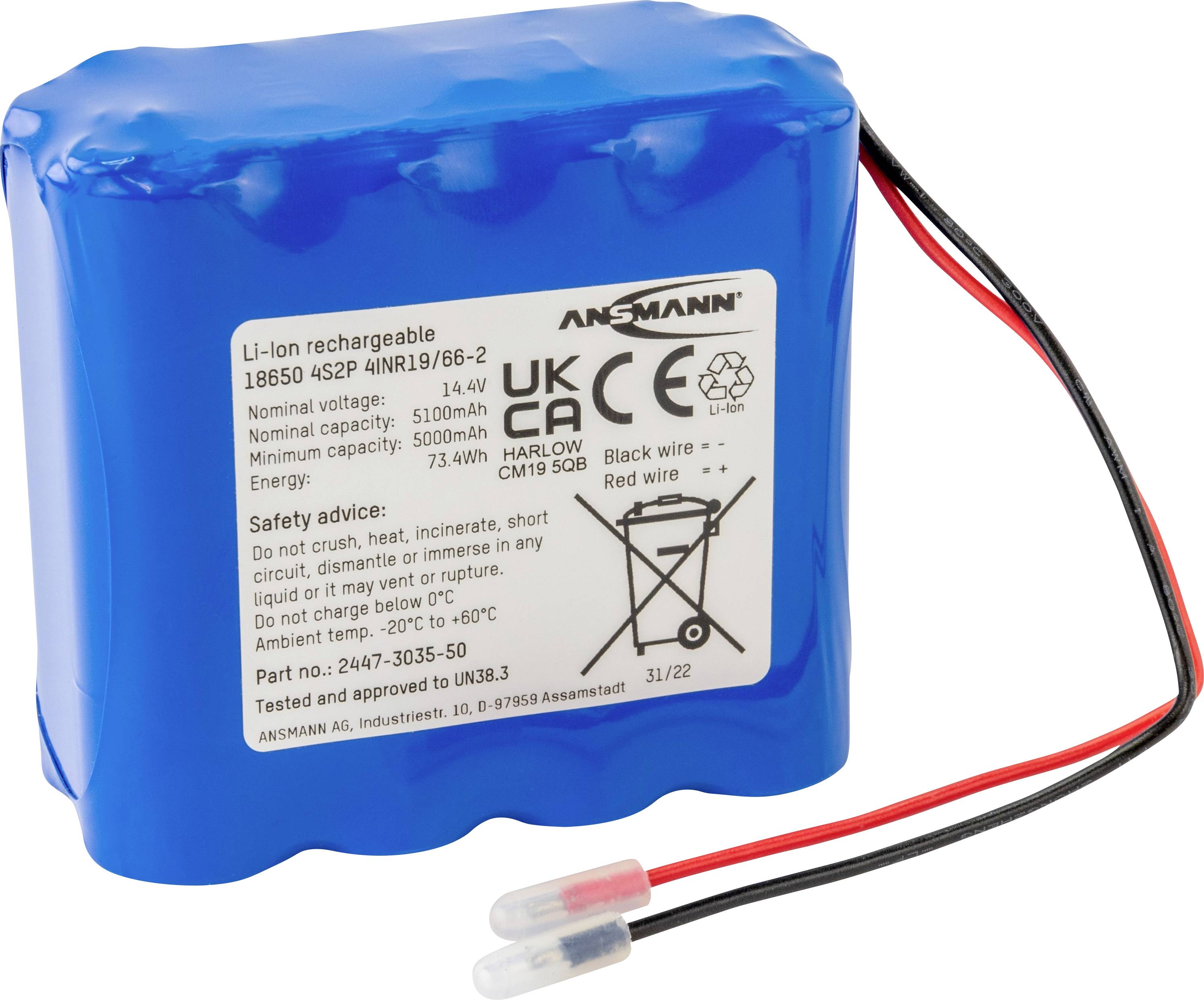 Акумуляторний блок 18650, літій-іонний Ansmann 4S2P, кількість елементів: 8, 14,4 В, 5100 мАг, кабель