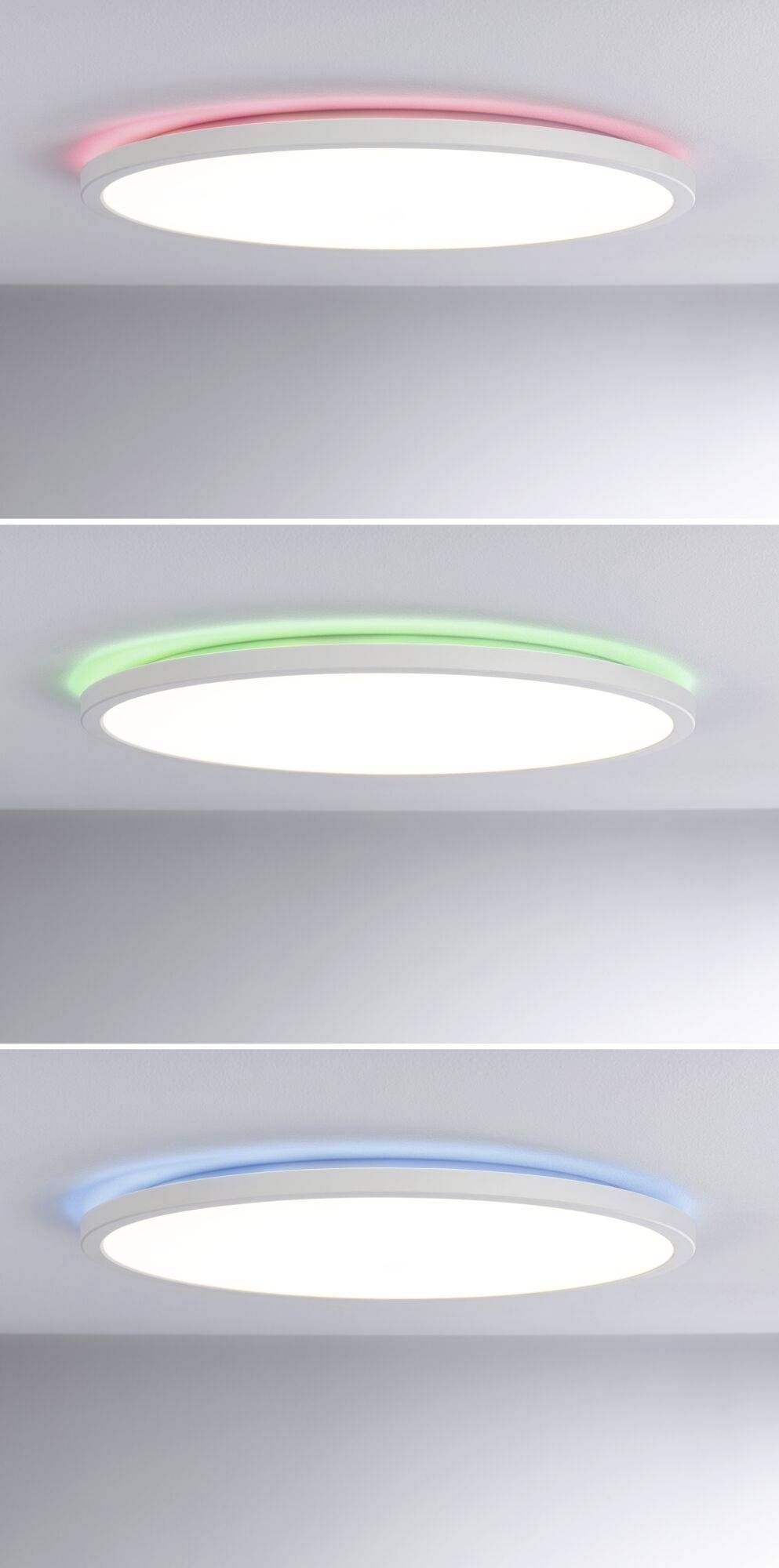 Trzy okrągłe lampy sufitowe z podświetlanymi krawędziami; góra czerwona, środek zielony, dół niebieski. Nowoczesny design dla nastrojowego oświetlenia.