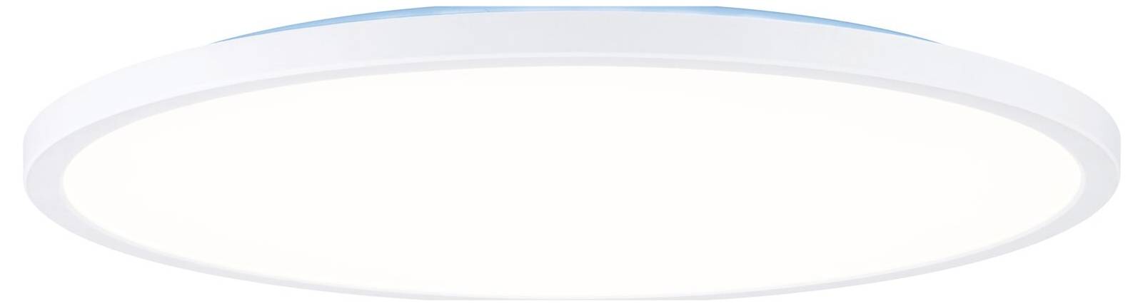 Płaska, okrągła lampa sufitowa z białą ramą, zapewniająca równomierne oświetlenie wnętrz.