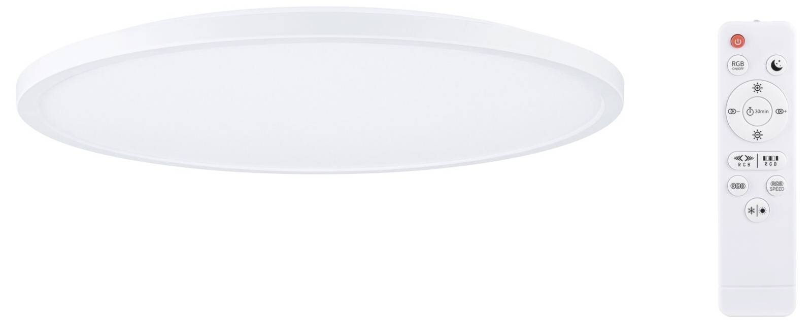 Lampa sufitowa w białym kolorze o okrągłym kształcie, obok której znajduje się pilot zdalnego sterowania z różnymi przyciskami do regulacji oświetlenia i jasności.