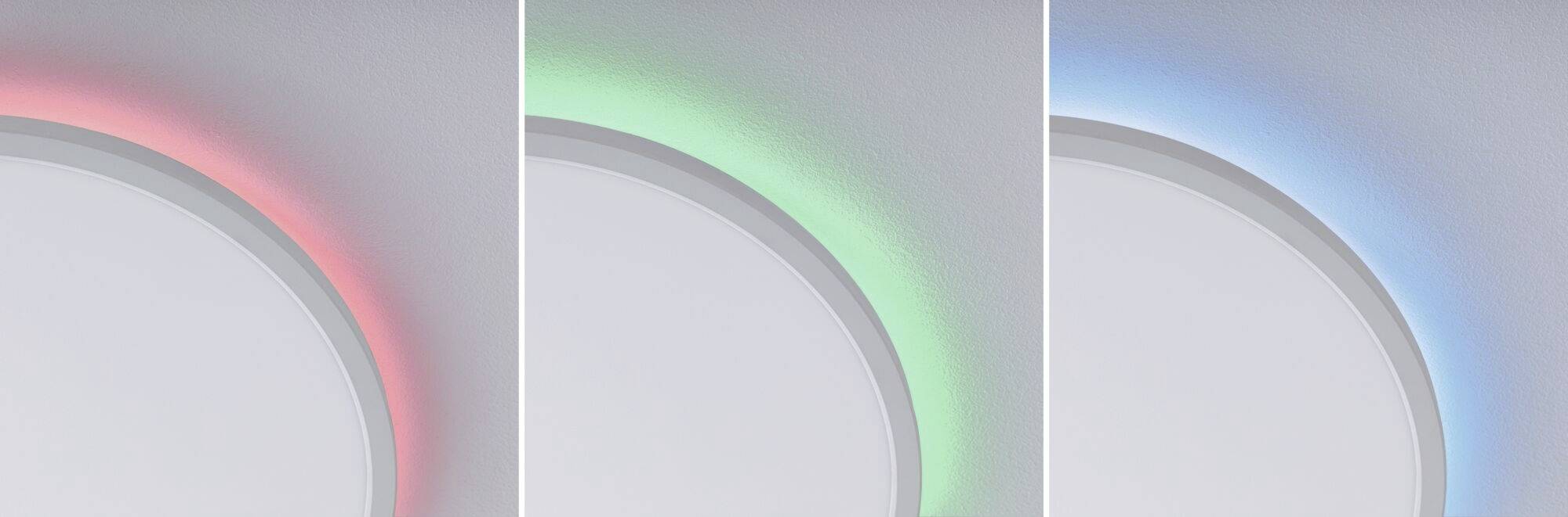 Trzy okrągłe lampy LED w różnych kolorach: po lewej stronie czerwona, na środku zielona, po prawej stronie niebieska. Każda wyświetla nieco inny odcień koloru.