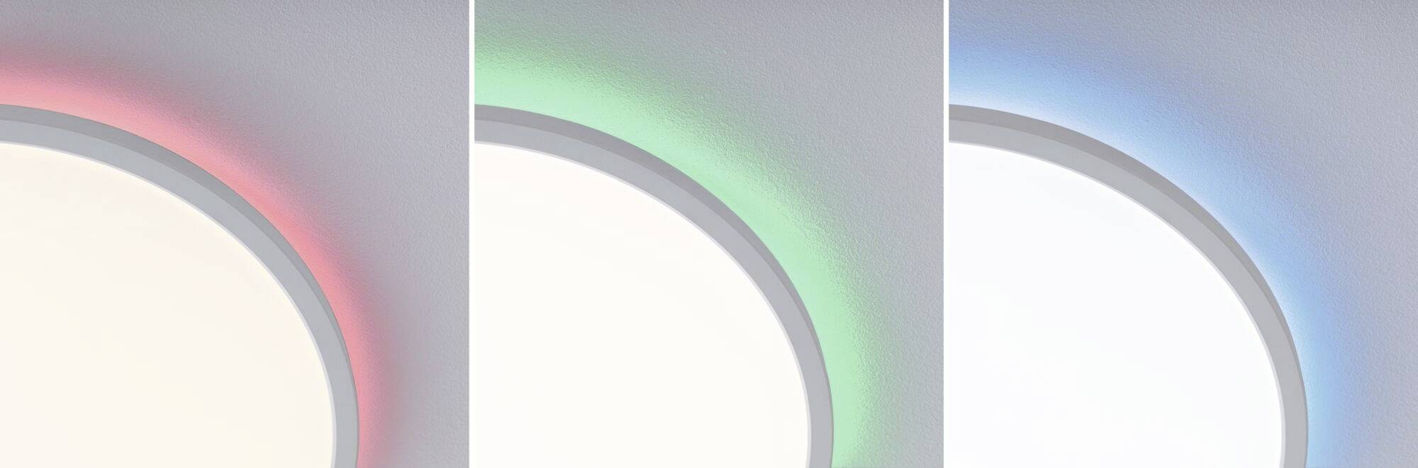 Trzy światła w okrągłym kształcie, po lewej stronie czerwone, pośrodku zielone, a po prawej niebieskie, delikatnie oświetlają szary obszar.