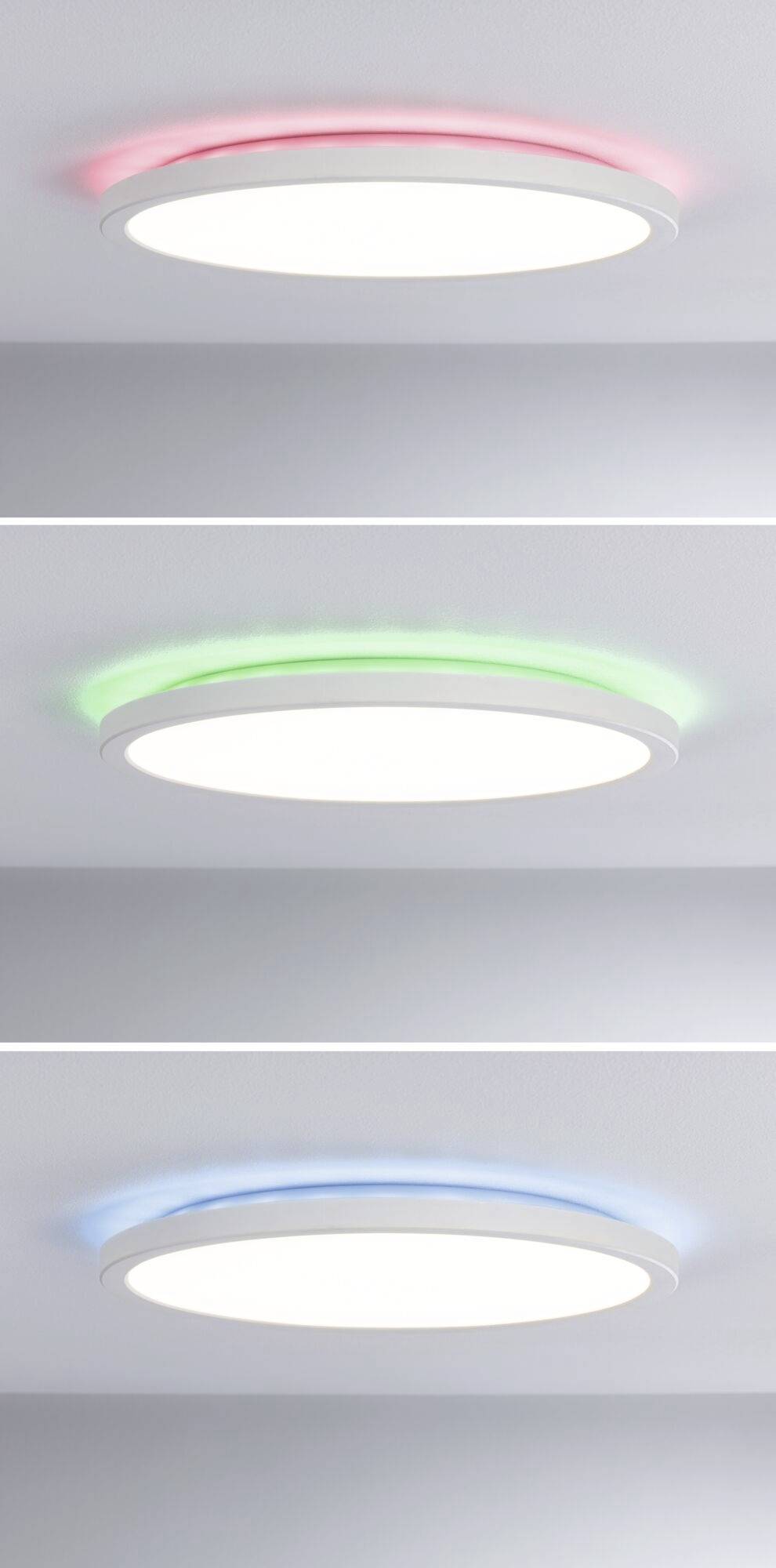 Okrągła lampa sufitowa kolejno wyświetla światło w kolorach czerwonym, zielonym i niebieskim.