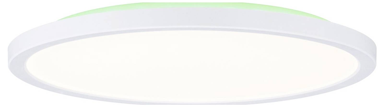 Płaska, okrągła lampa sufitowa LED z białą krawędzią i zielonkawym refleksem na górnej powierzchni. Idealna do nowoczesnego oświetlenia wnętrz.