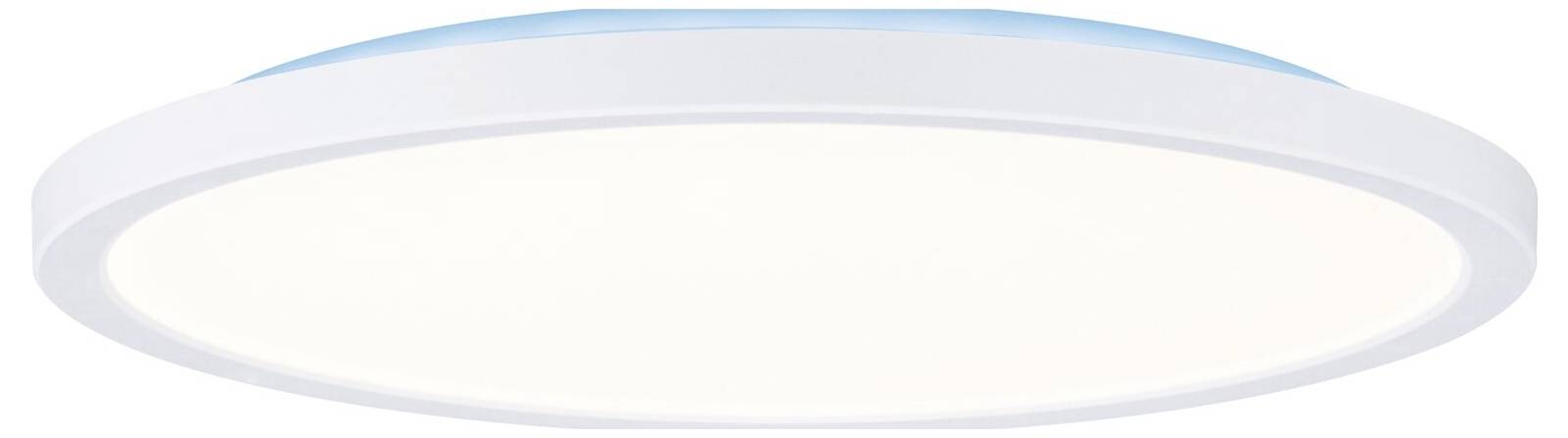 Okrągła lampa sufitowa LED z białą ramą i niebieskim podświetleniem krawędzi, idealna do nowoczesnych wnętrz.
