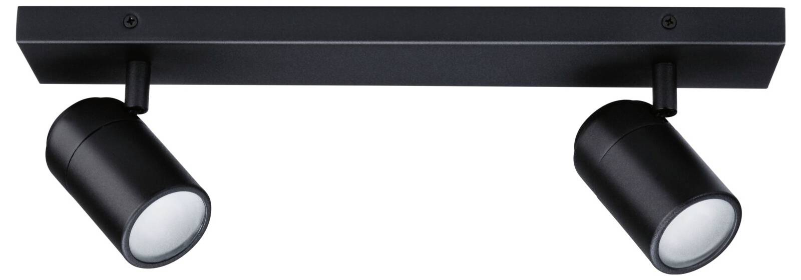 Czarna lampa sufitowa z dwoma regulowanymi lampami skierowanymi w przeciwnych kierunkach. Idealna do podświetlania akcentowego.