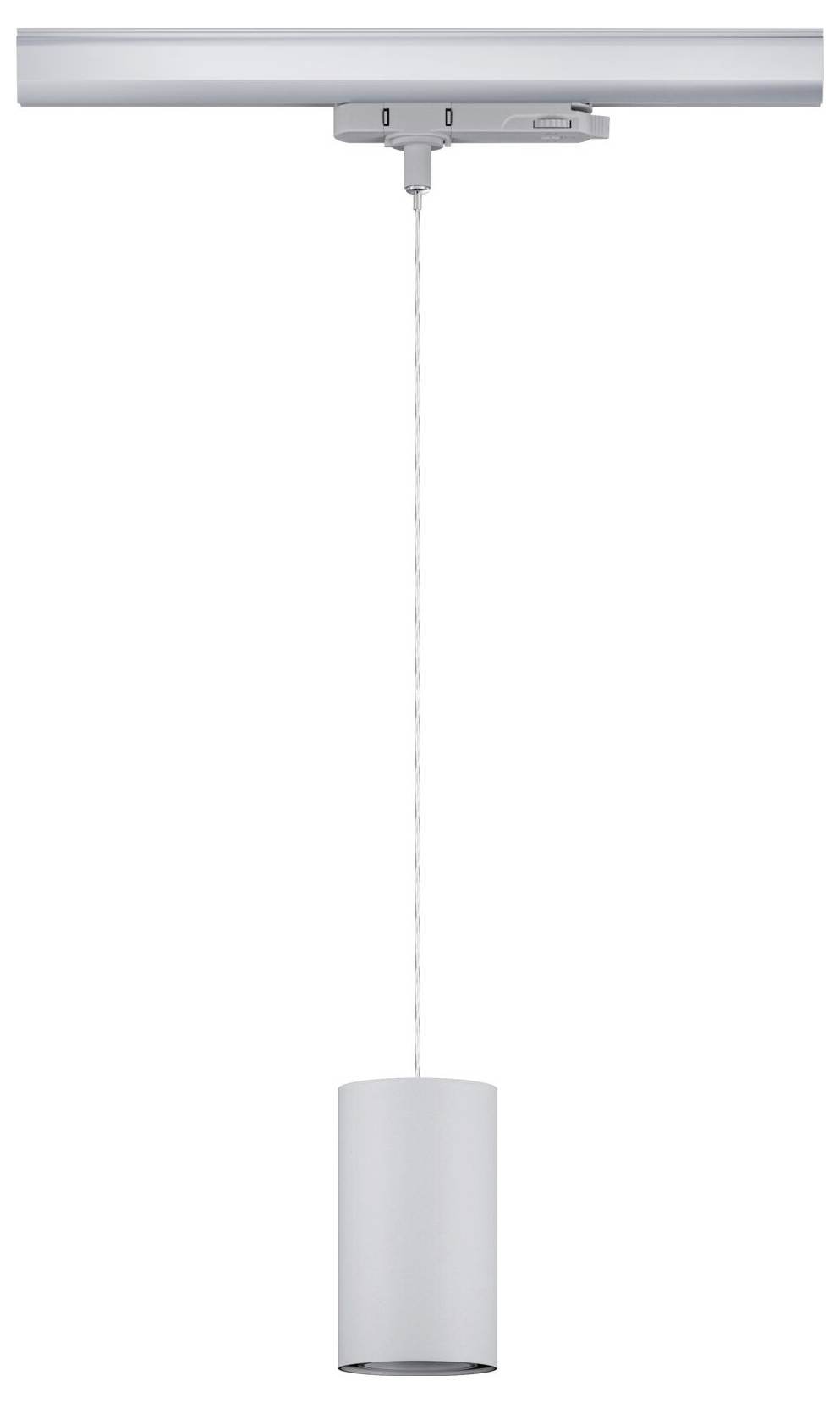 Biała, cylindryczna lampa wisząca, zawieszona na białym przewodzie z białej szyny sufitowej. Minimalistyczny design.