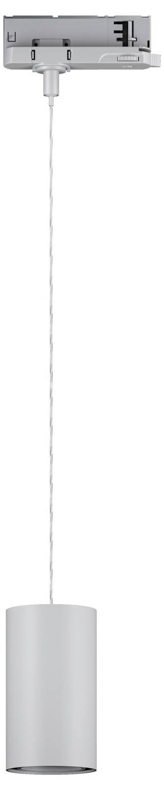 Srebrna, cylindryczna lampa wisząca zwiesza się z mocowania sufitowego. Posiada proste, nowoczesne wzornictwo.