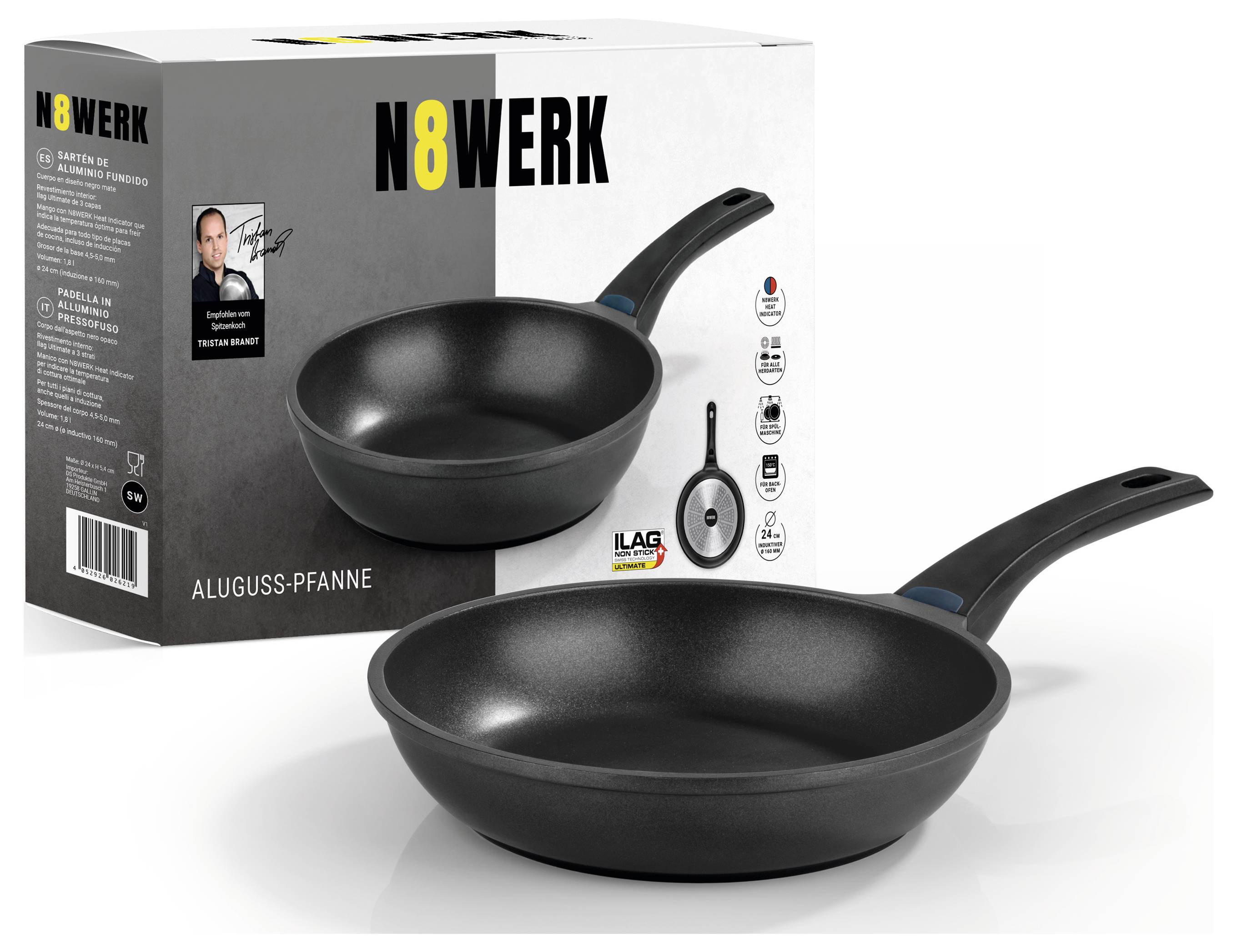 Czarna patelnia aluminiowa z odpowiednim opakowaniem, na którym widnieje zdjęcie celebryty i szczegóły produktu. Tekst: 'PATELNIA Z ODLEWU ALUMINIOWEGO'.