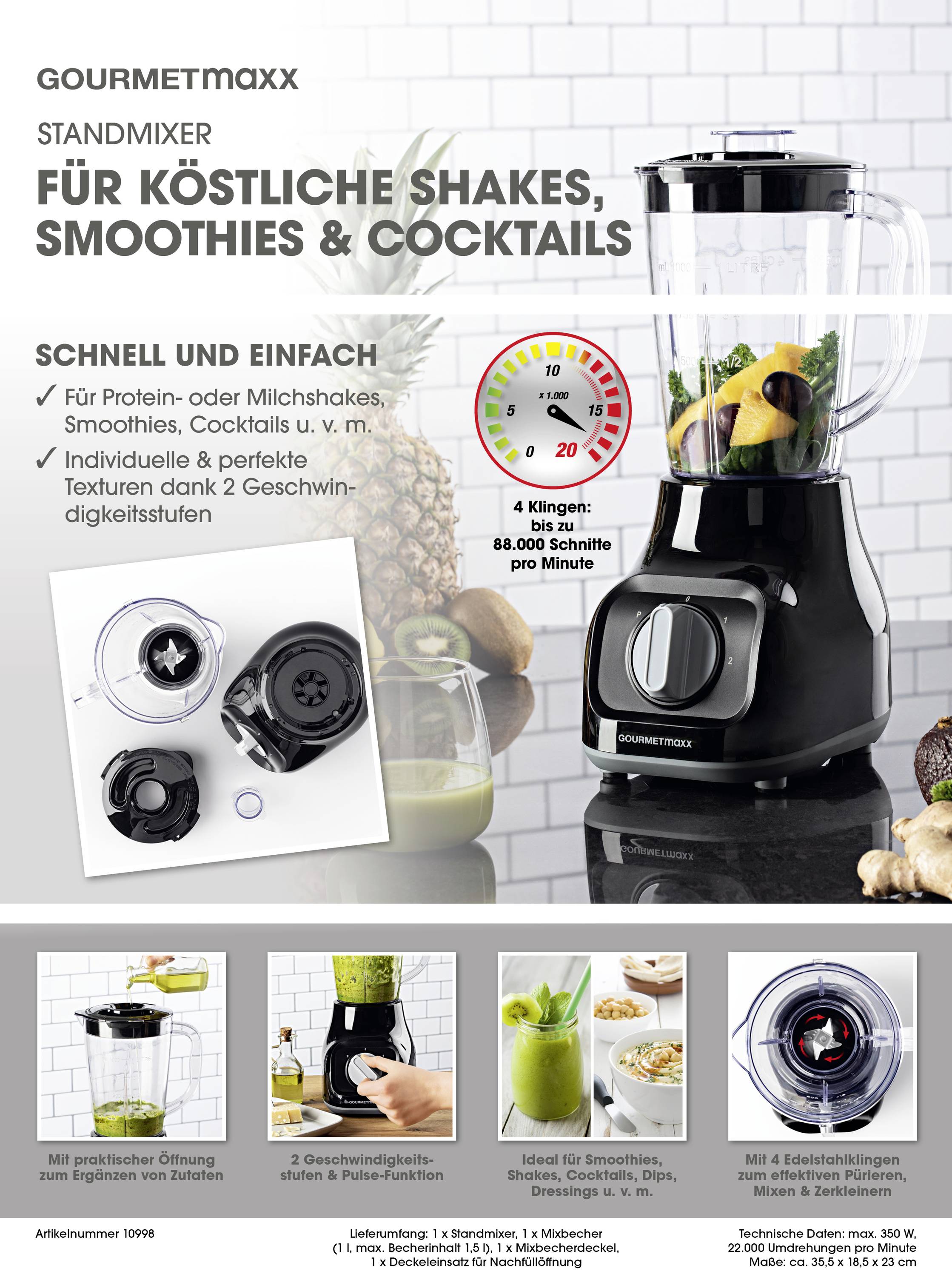 Czarny blender stojący ze szklanym dzbankiem, z owocami i warzywami w pojemniku do miksowania. Tekst na górze: 'Na pyszne koktajle, smoothie i drinki'.