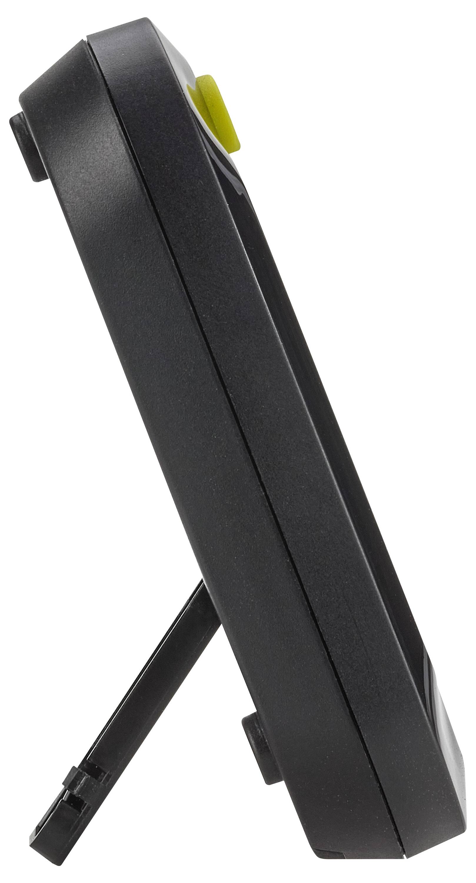 Widok z boku cyfrowego minutnika kuchennego w kolorze czarnym, stojącego na składanej podstawce.