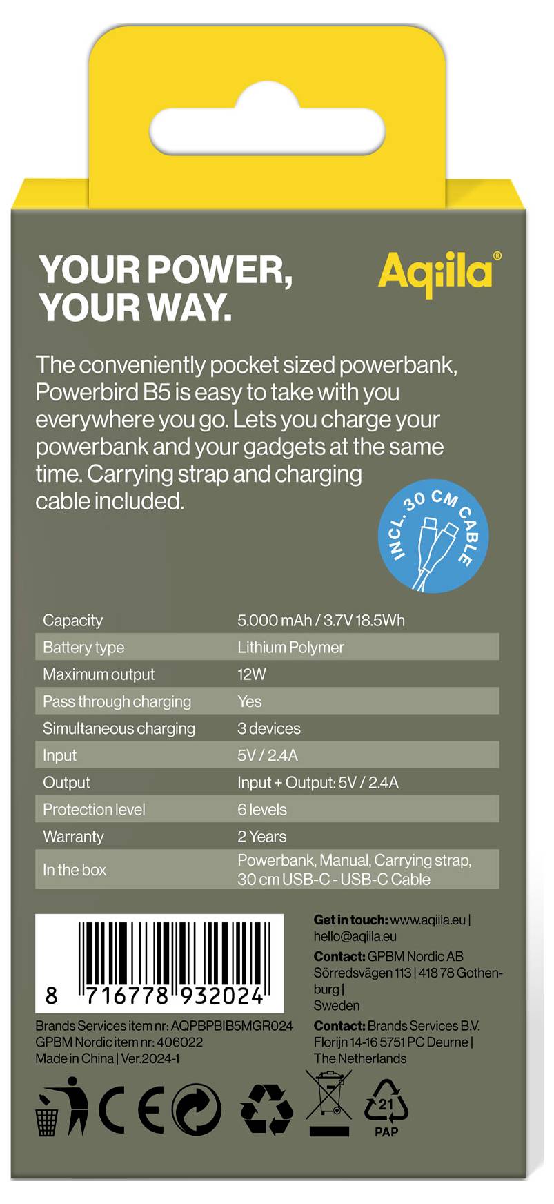 Зовнішній акумулятор Aqiila Powerbird B5M 5000 мАг LiPo USB-A, USB-C®