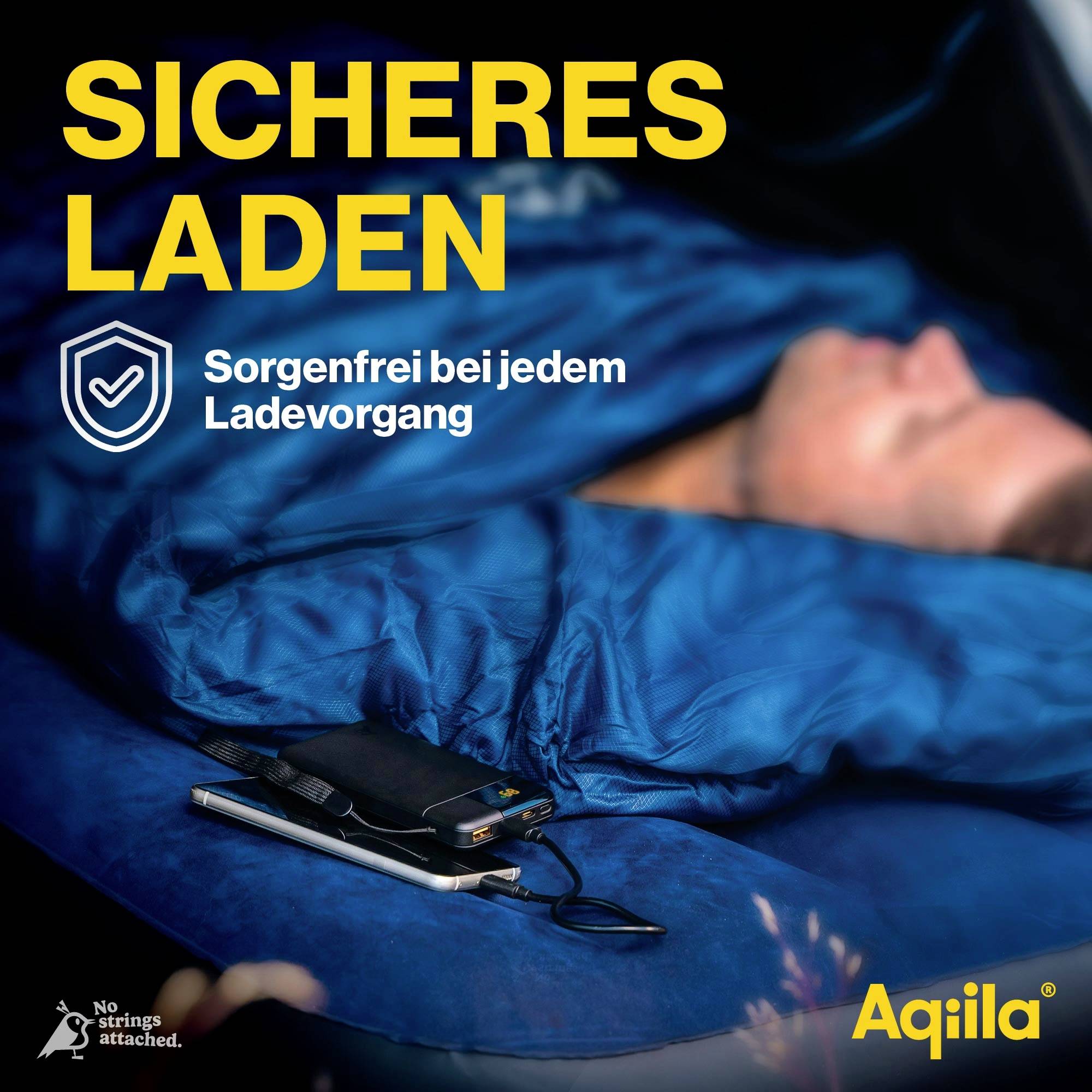 Smartfon ładuje się za pomocą kabla USB na narzucie. Tekst: 'Bezpieczne ładowanie - Bez obaw podczas każdego ładowania'.