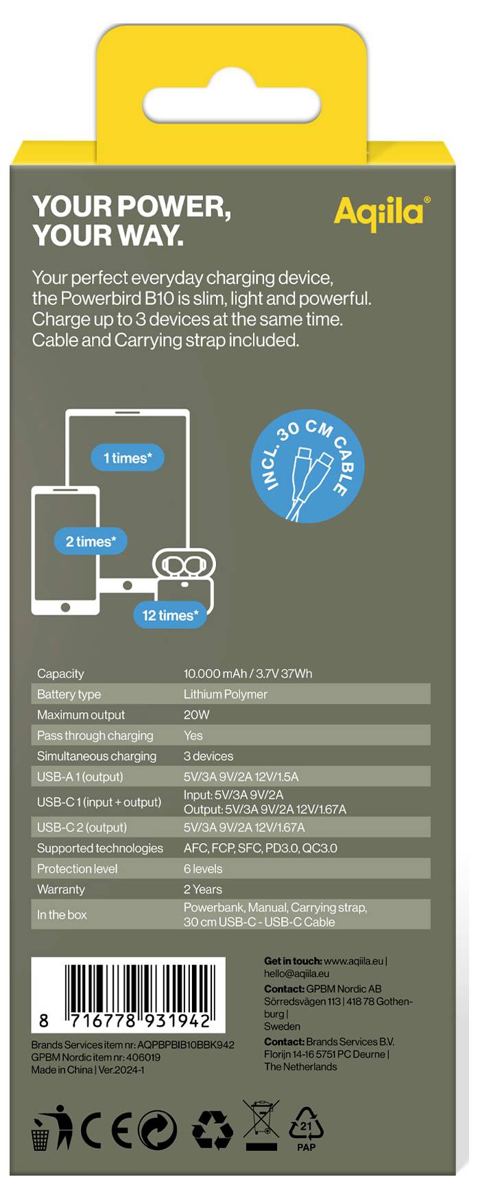 Зовнішній акумулятор Aqiila Powerbird B10B 10000 мАг LiPo USB-A, USB-C®