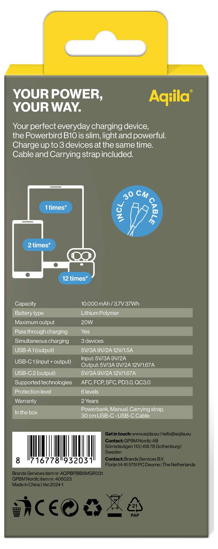 Зовнішній акумулятор Aqiila Powerbird B10M 10000 мАг LiPo USB-A, USB-C®