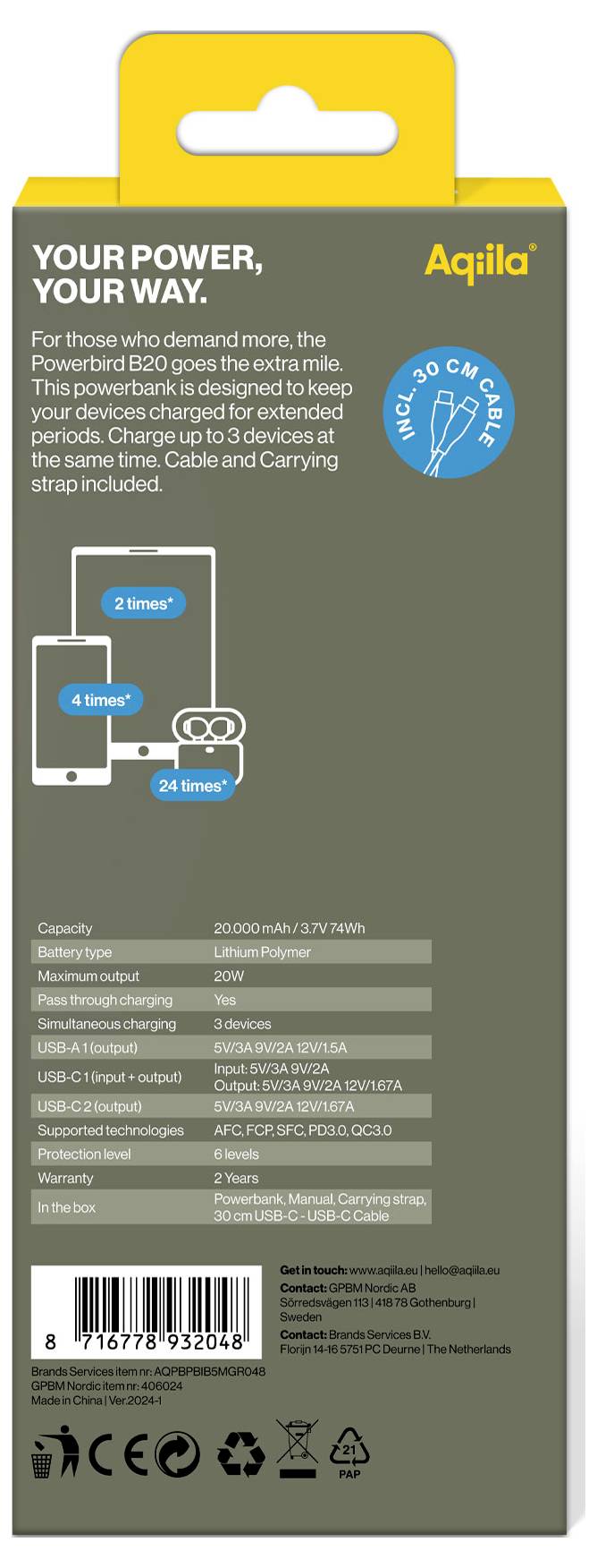 Зовнішній акумулятор Aqiila Powerbird B20M 20000 мАг LiPo USB-A, USB-C®