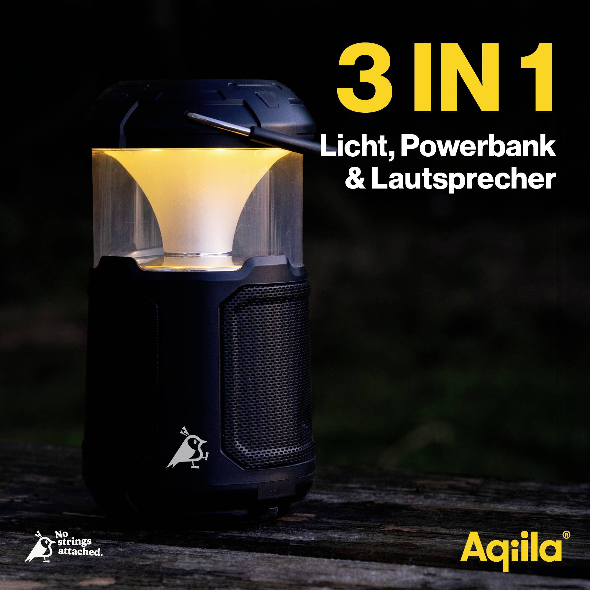 Czarna lampa kempingowa 3-w-1 z funkcją światła, powerbanku i głośnika na drewnianym podłożu. Tekst: '3 W 1 Światło, Powerbank i Głośnik', 'Aqiila'.