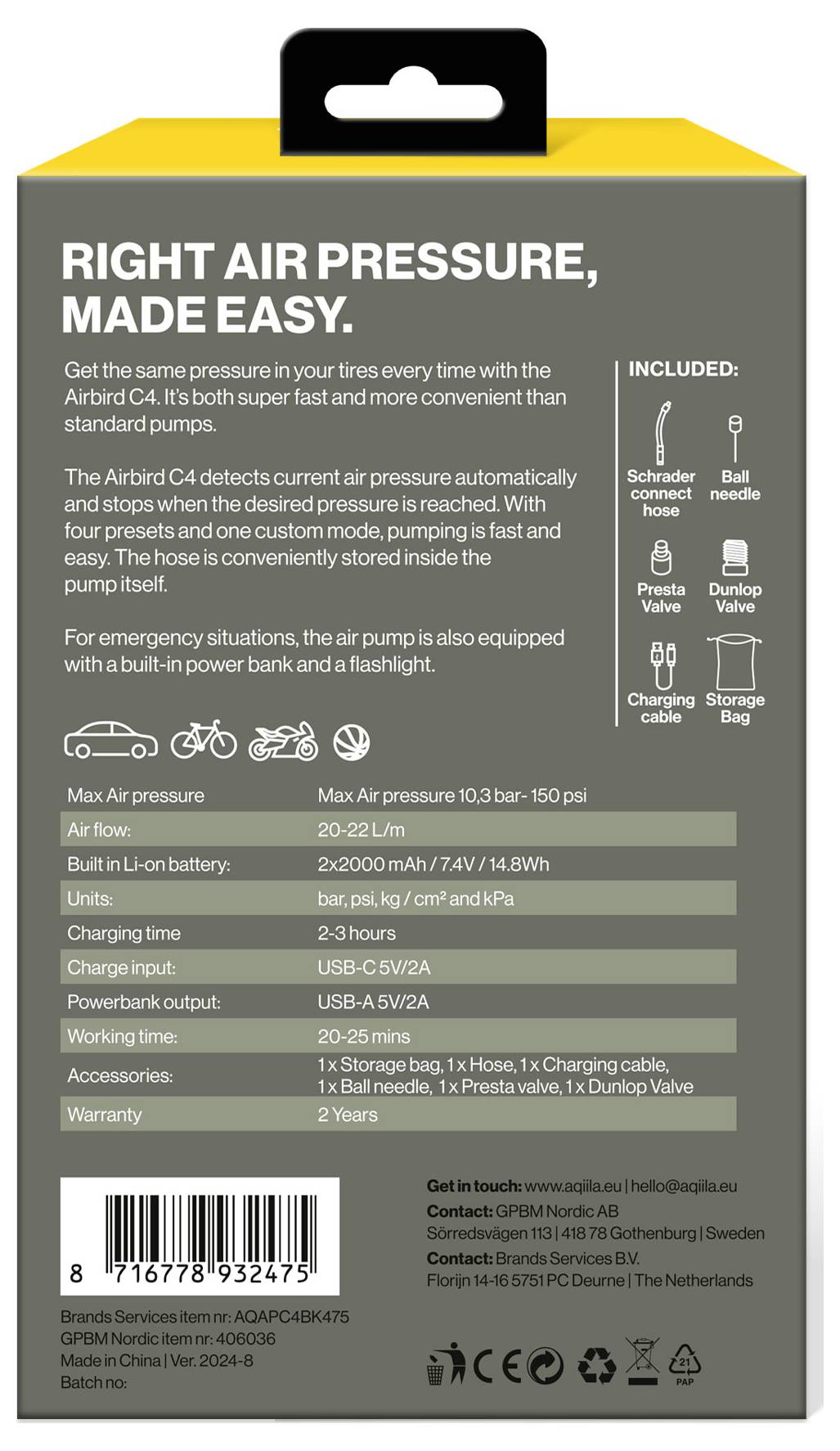 Акумуляторний компресор Aqiila AQAPC4BK475 Airbird C4 10,3 бар