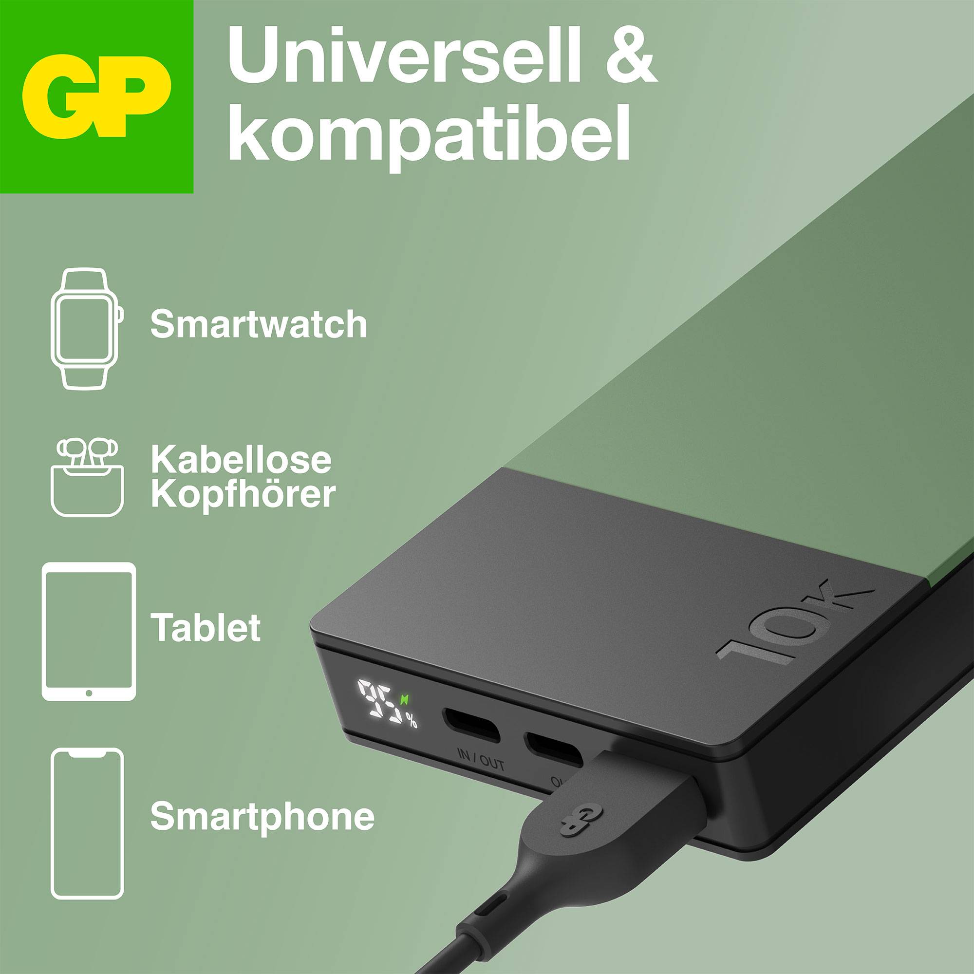 Powerbank 10K firmy GP. Kompatybilna z inteligentnym zegarkiem, słuchawkami, tabletem, smartfonem. Zielona powierzchnia w prawym górnym rogu, czarne urządzenie w lewym dolnym rogu.