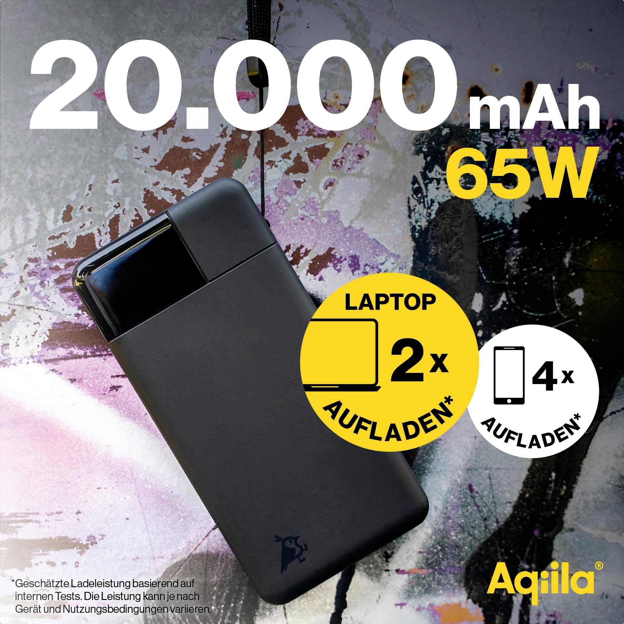 Przenośny powerbank o pojemności 20.000 mAh i mocy 65W. Może ładować 2 laptopy lub 4 urządzenia. Czarny design. Tekst: 'Szacowana moc ładowania...' i 'Aqiila'.