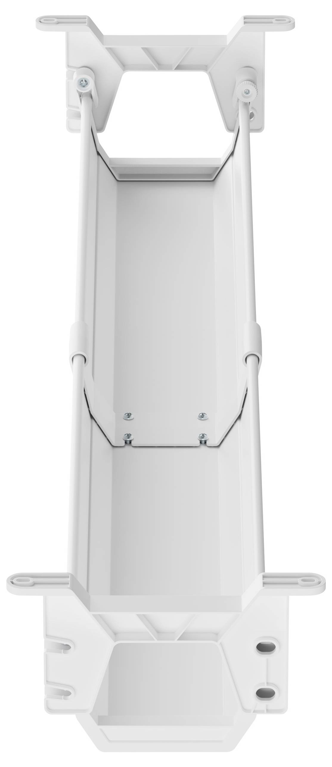 Biały, prostokątny pojemnik z tworzywa sztucznego z śrubami na końcach. Odpowiedni do montażu lub mocowania urządzeń.