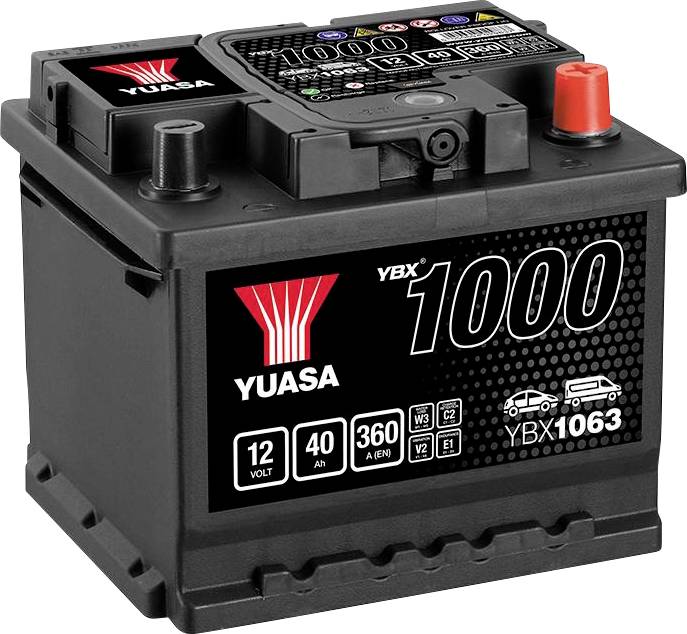Akumulator samochodowy 12 V, 40 Ah, 360 A (EN). Marka 'Yuasa', model 'YBX 1000'. Przedstawiono piktogramy pojazdów.