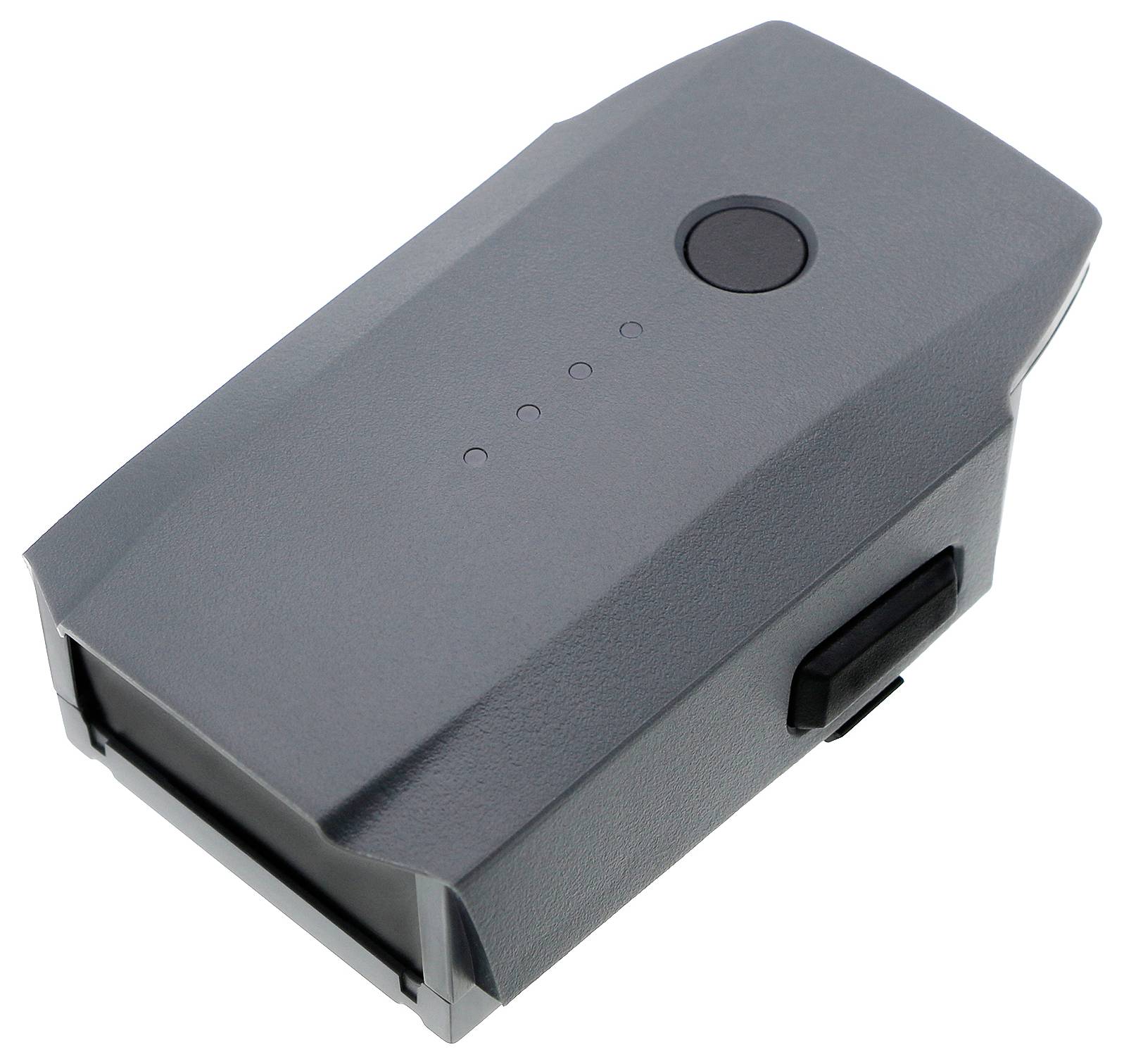 Szara bateria dronowa z czterema diodami LED wskazującymi stan naładowania i przyciskiem pośrodku.