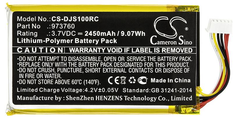 Akumulator litowo-polimerowy, model CS-DJS100RC, pojemność 2450mAh przy 3,7V. Ostrzeżenia zawierają informacje dotyczące bezpieczeństwa i użytkowania.