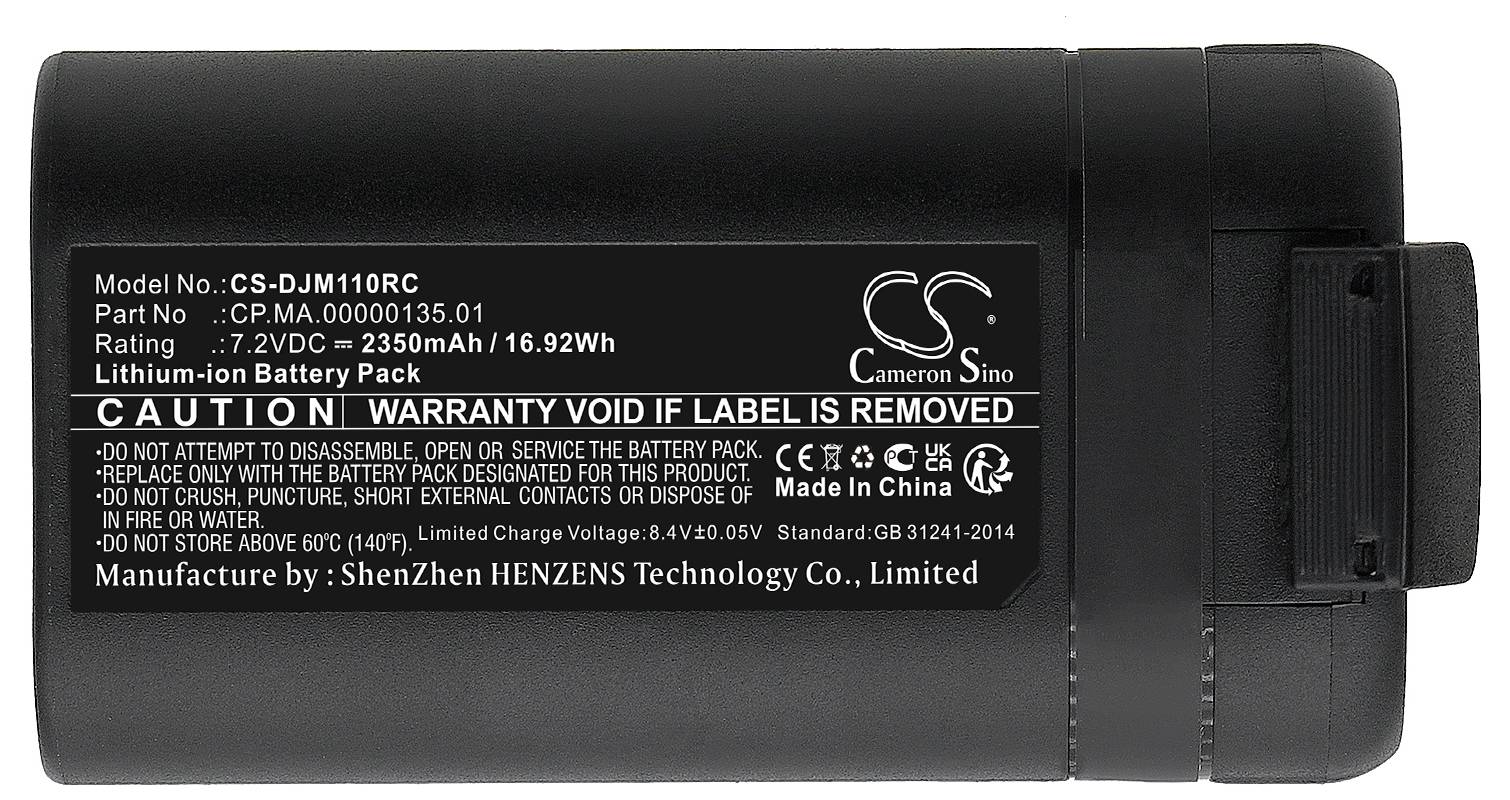 Akumulator litowo-jonowy o numerze modelu CS-DJM110RC, pojemność 2350 mAh, napięcie 7,2 V. Ostrzeżenia i szczegóły produkcyjne wydrukowane na obudowie.