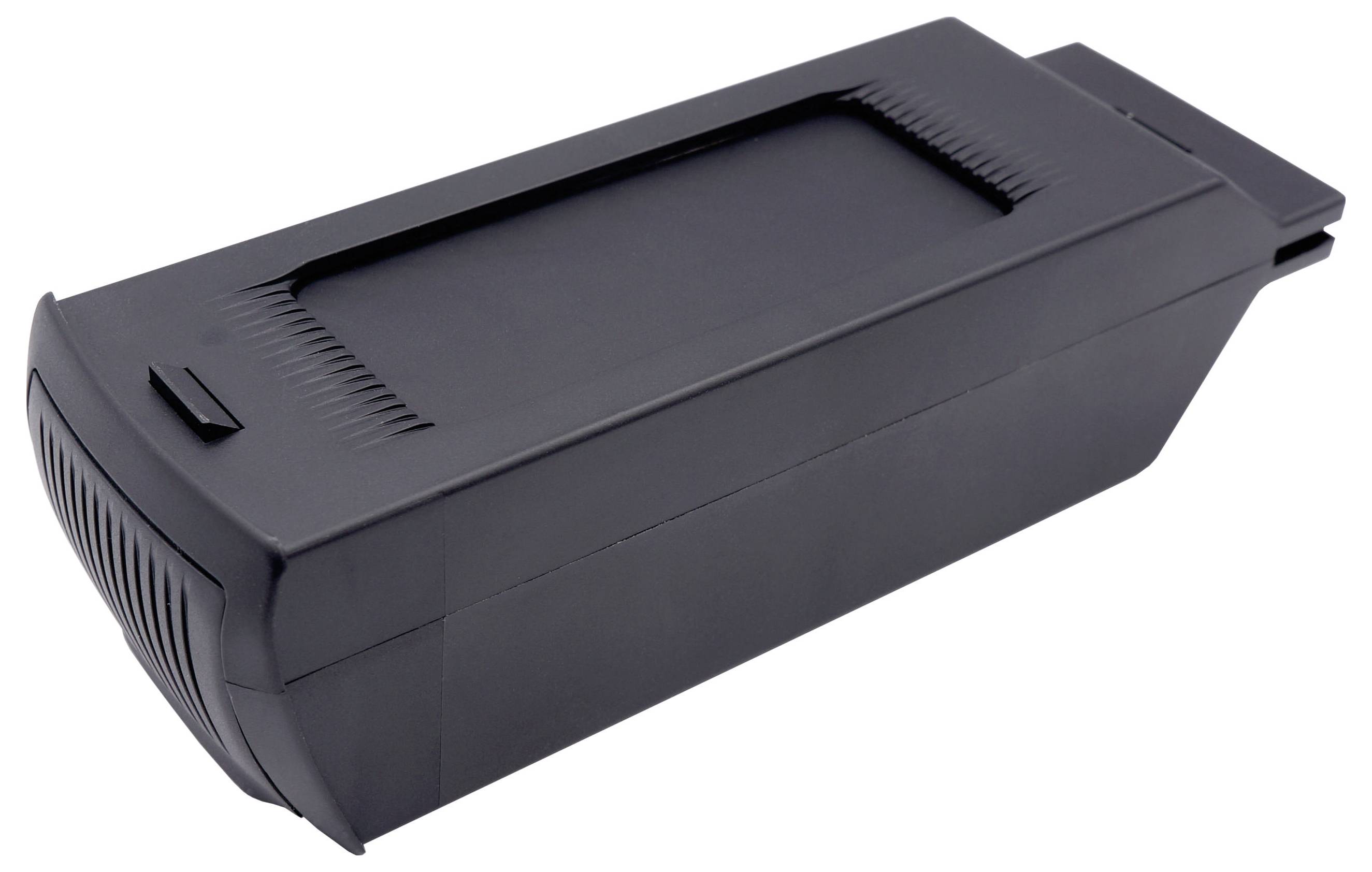 Czarny, prostokątny akumulator z żebrowanym uchwytem i złączem.