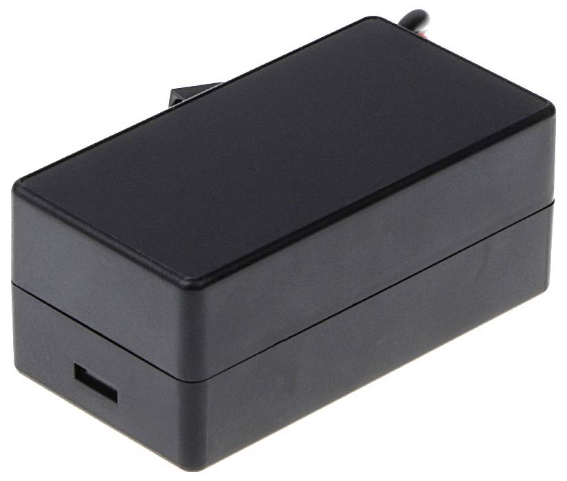 Czarny, prostokątny zasilacz bez rozpoznawalnych oznaczeń marki lub modelu. Posiada kabel do podłączenia zasilania.