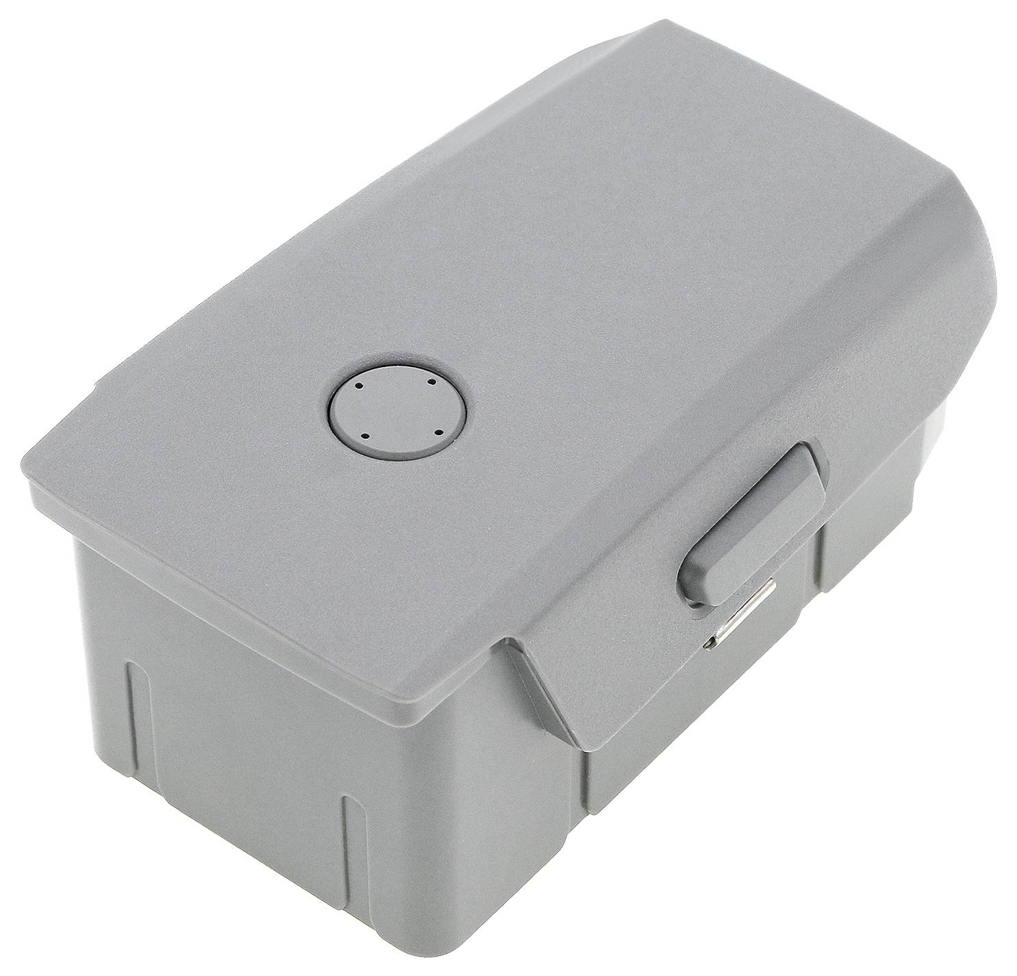 Szary, prostokątny akumulator z zaokrąglonymi krawędziami i okrągłym przyciskiem na górnej powierzchni.